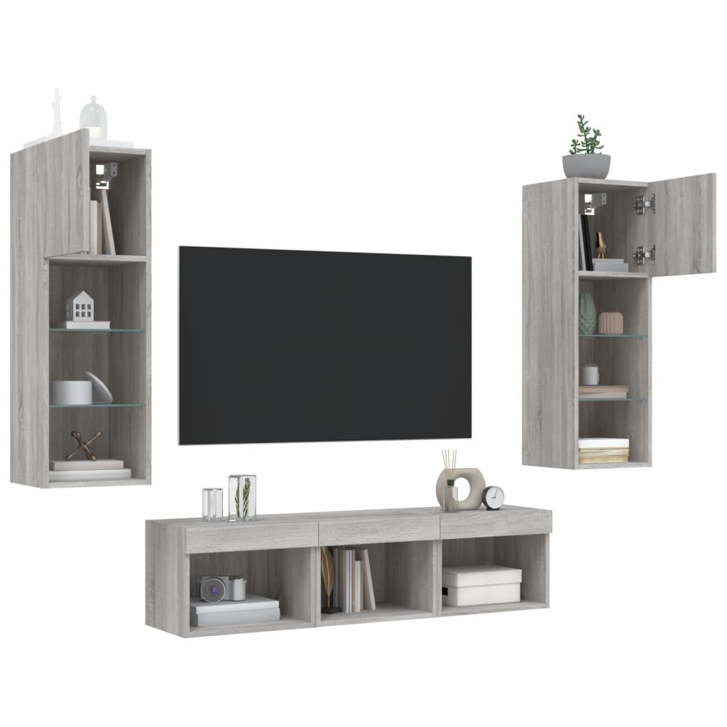 Unități de perete TV cu LED-uri, 5 piese, gri sonoma, lemn GartenMobel Dekor