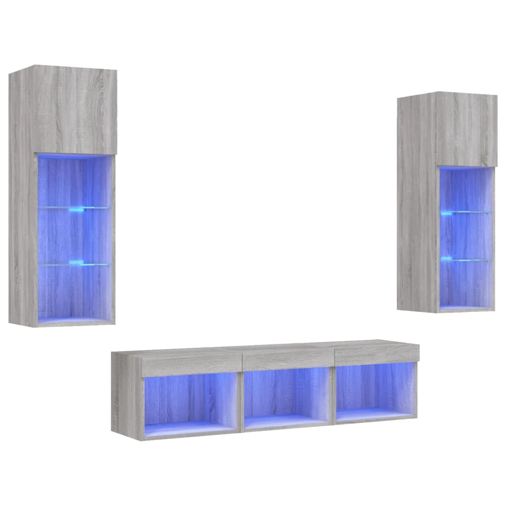 Unități de perete TV cu LED-uri, 5 piese, gri sonoma, lemn GartenMobel Dekor