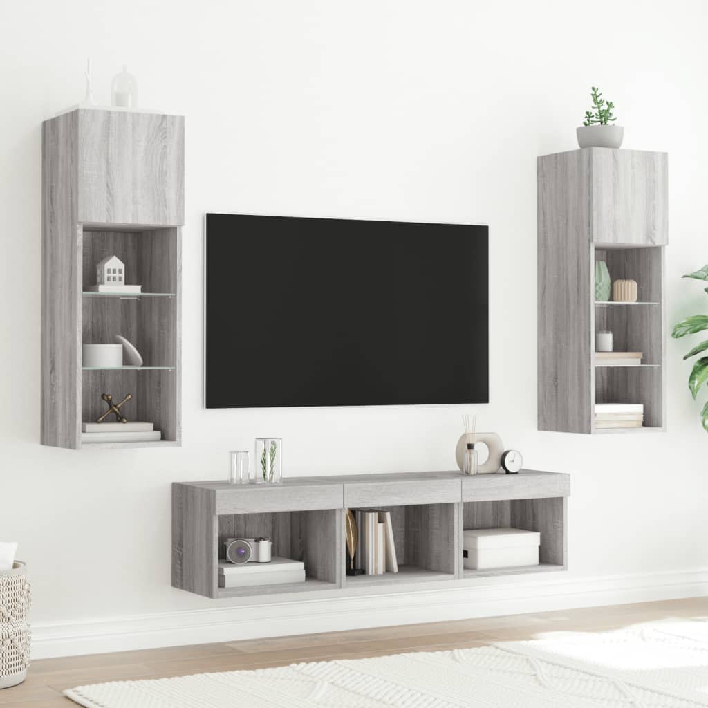 Unități de perete TV cu LED-uri, 5 piese, gri sonoma, lemn GartenMobel Dekor