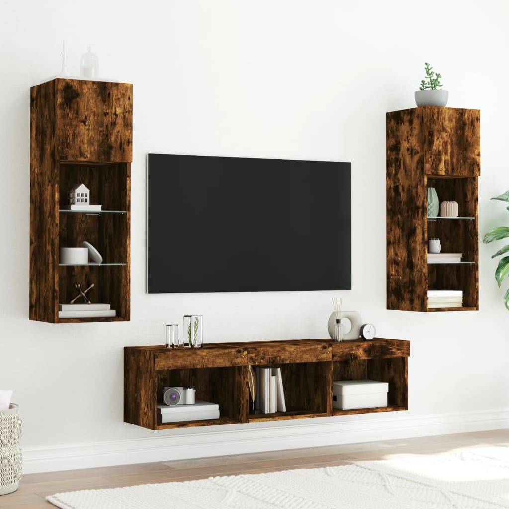 Unități de perete TV cu LED-uri, 5 piese, stejar fumuriu, lemn GartenMobel Dekor