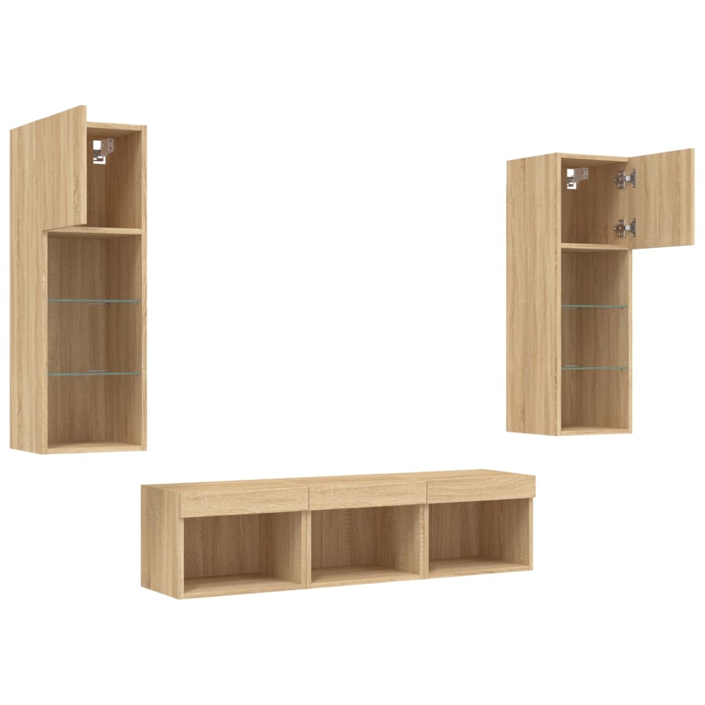 Unități de perete TV cu LED-uri, 5 piese, stejar sonoma, lemn GartenMobel Dekor