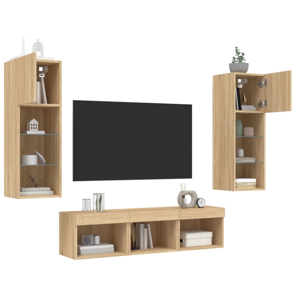 Unități de perete TV cu LED-uri, 5 piese, stejar sonoma, lemn GartenMobel Dekor