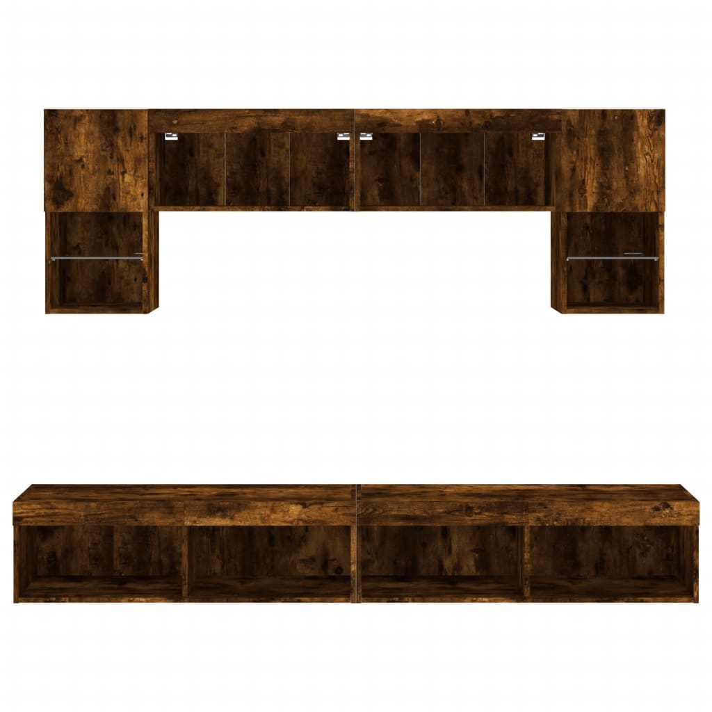 Unități de perete TV cu LED-uri, 6 piese, stejar fumuriu, lemn GartenMobel Dekor