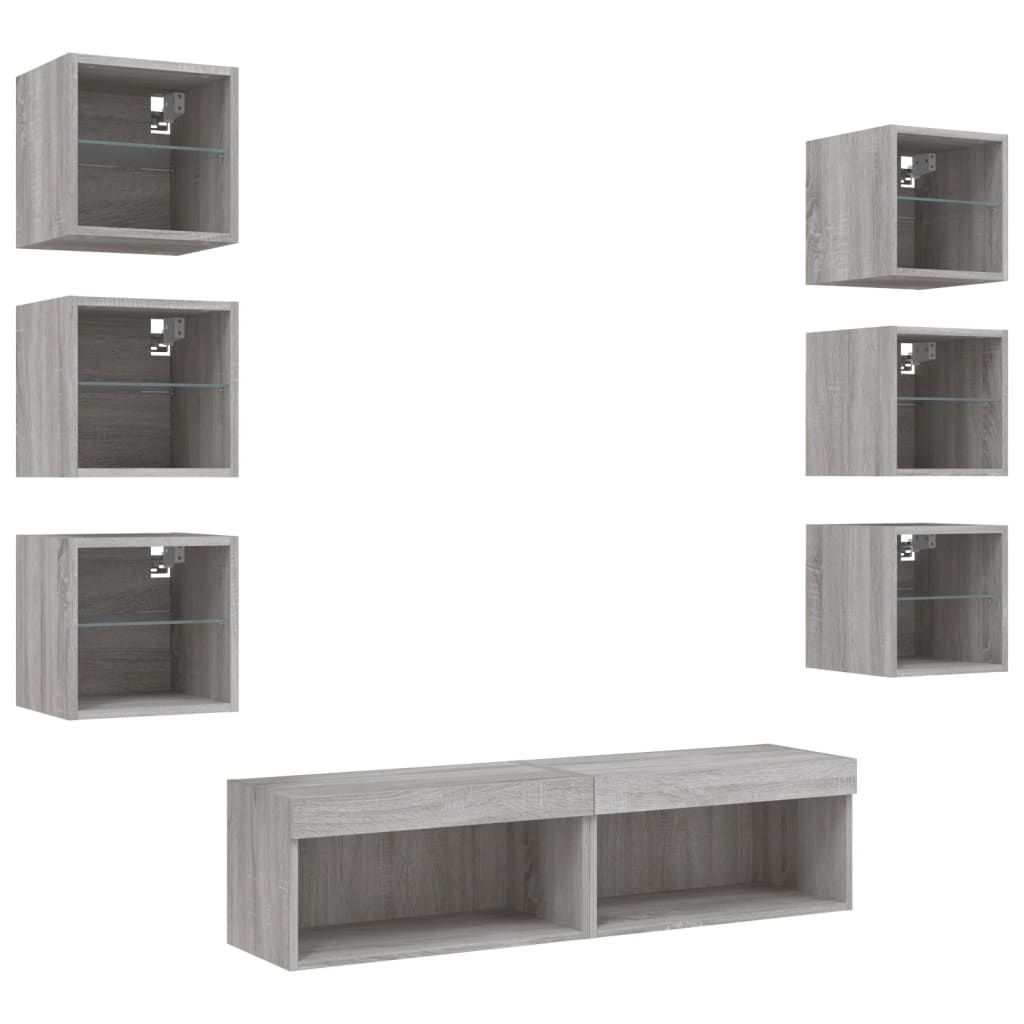 Unități de perete TV cu LED-uri, 8 piese, gri sonoma, lemn GartenMobel Dekor