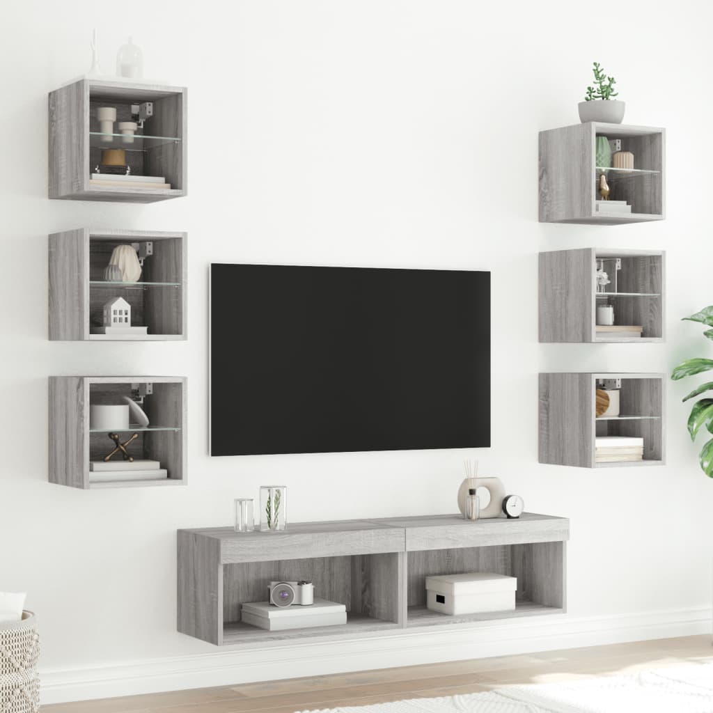 Unități de perete TV cu LED-uri, 8 piese, gri sonoma, lemn GartenMobel Dekor
