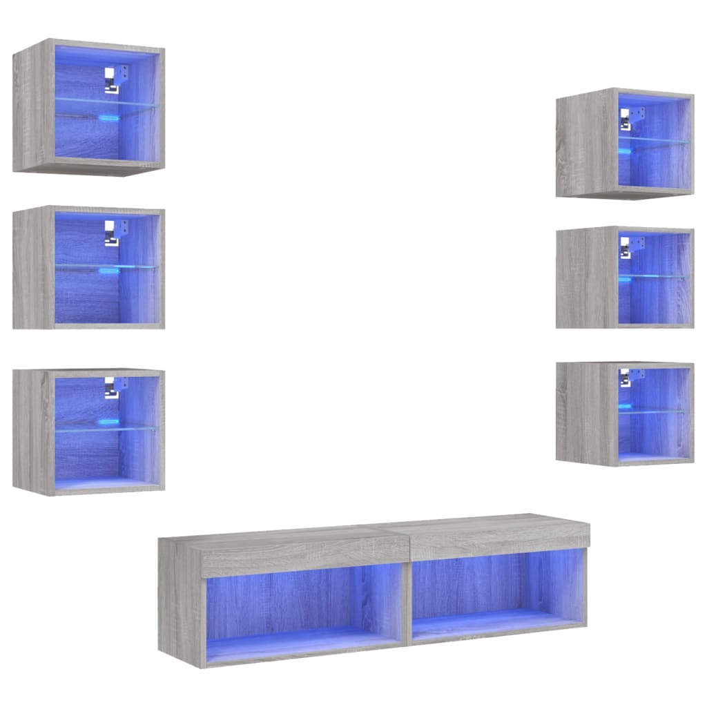 Unități de perete TV cu LED-uri, 8 piese, gri sonoma, lemn GartenMobel Dekor