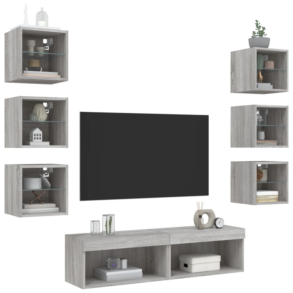 Unități de perete TV cu LED-uri, 8 piese, gri sonoma, lemn GartenMobel Dekor