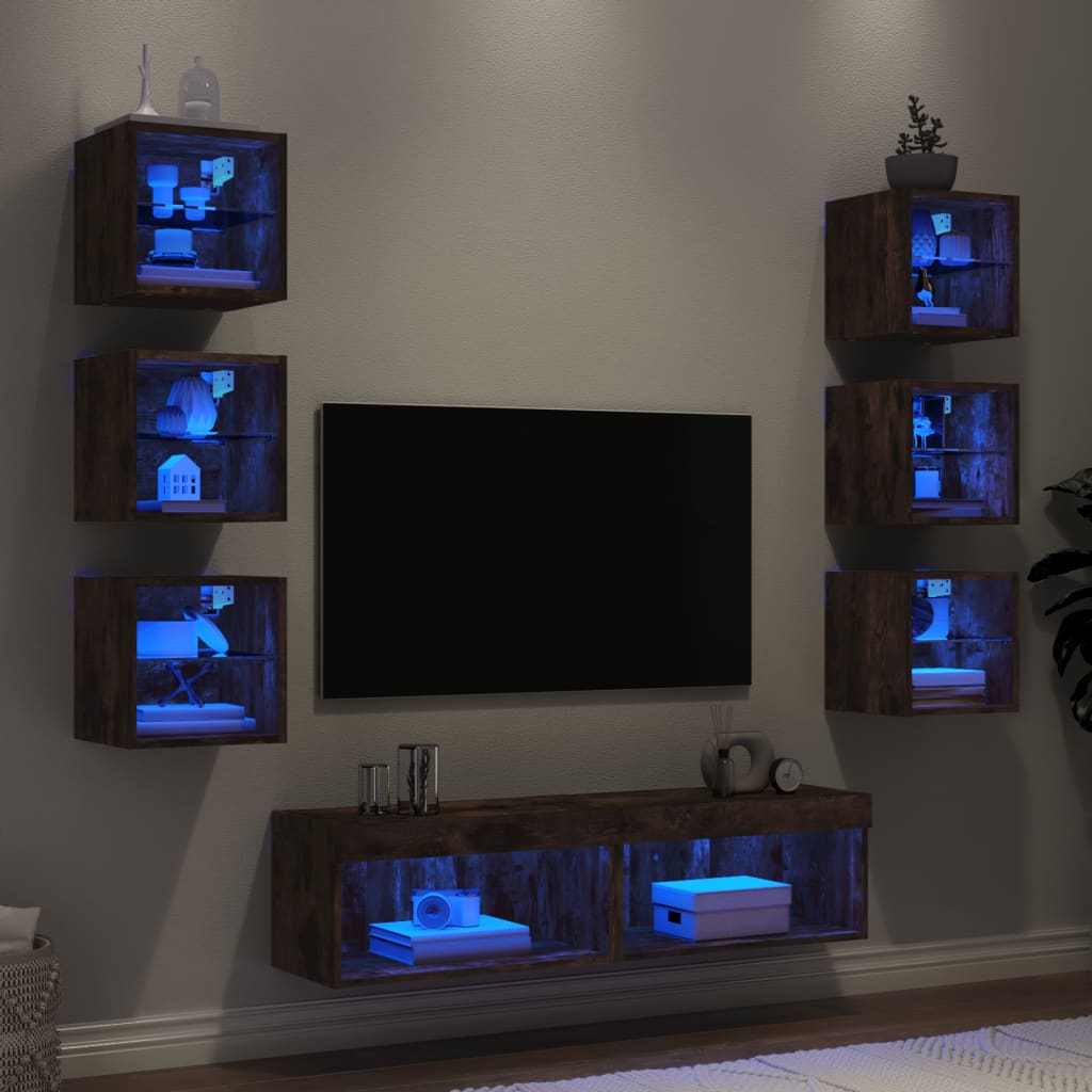 Unități de perete TV cu LED-uri, 8 piese, stejar fumuriu, lemn GartenMobel Dekor