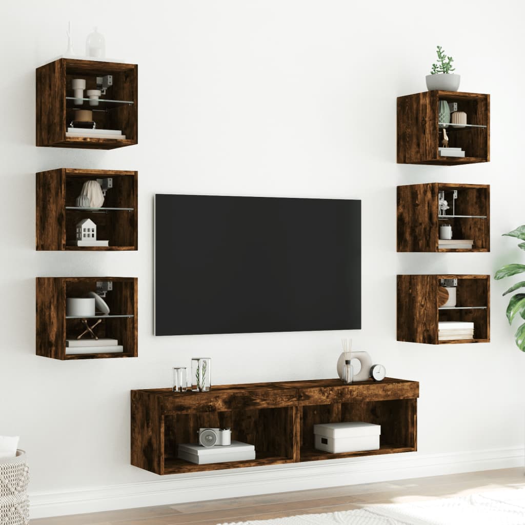 Unități de perete TV cu LED-uri, 8 piese, stejar fumuriu, lemn GartenMobel Dekor