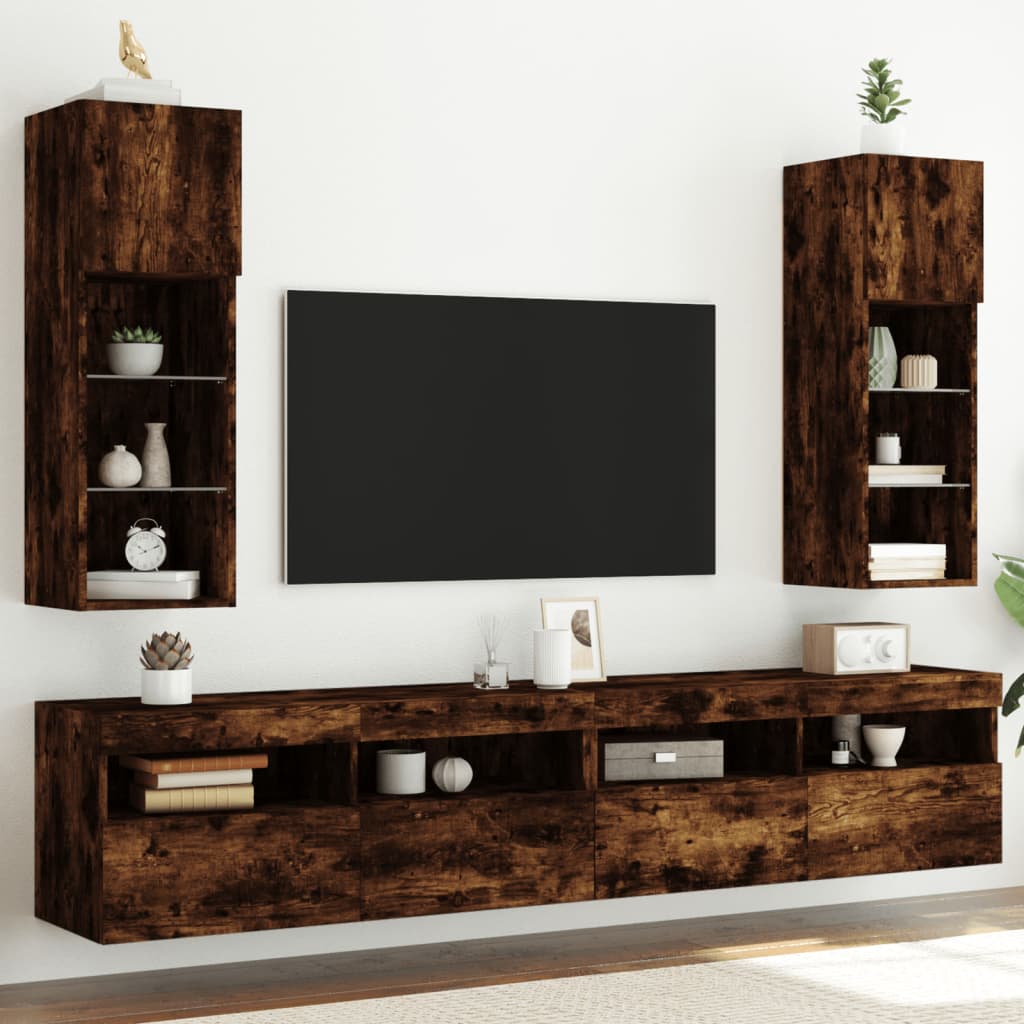 Comode TV cu lumini LED, 2 buc., stejar fumuriu, 30,5x30x90 cm GartenMobel Dekor