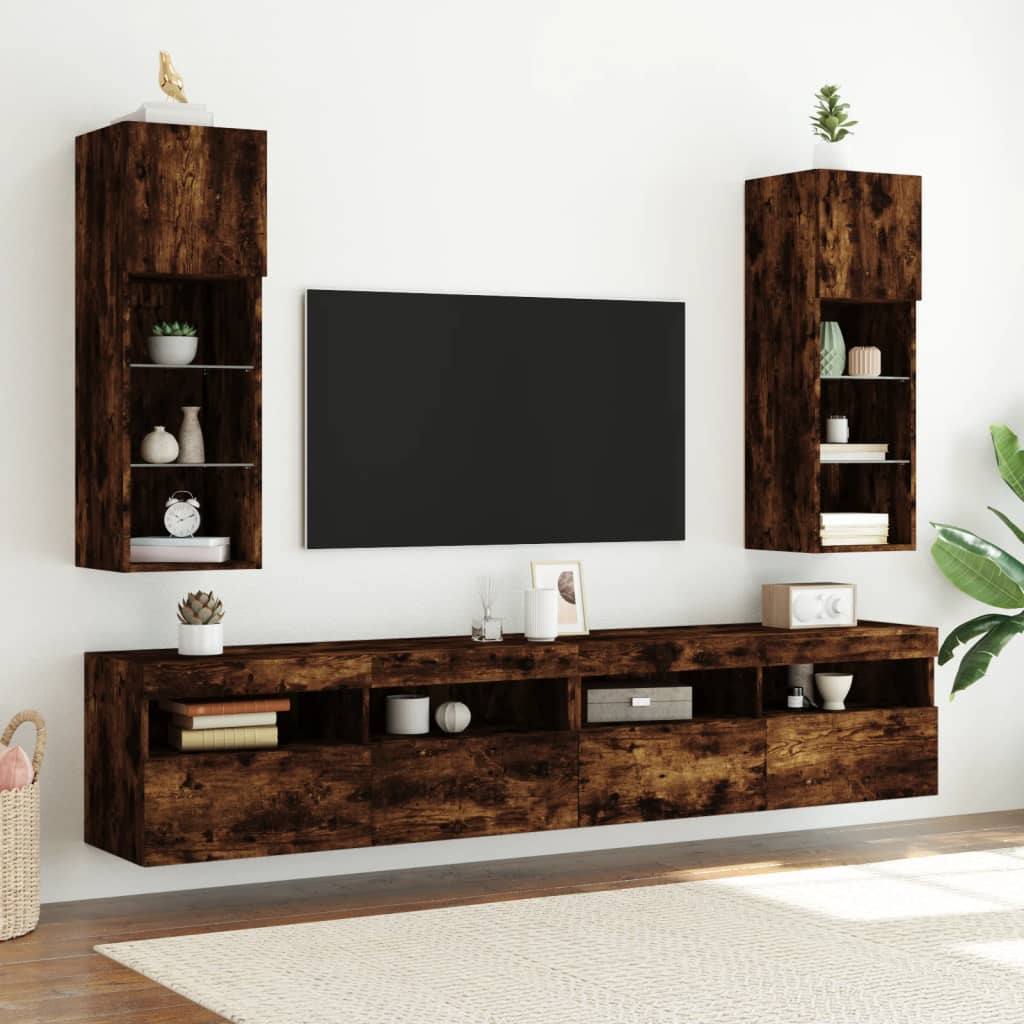 Comode TV cu lumini LED, 2 buc., stejar fumuriu, 30,5x30x90 cm GartenMobel Dekor