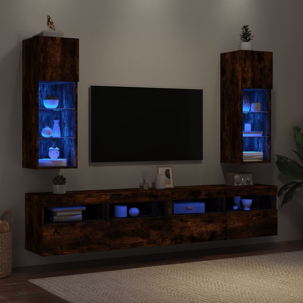 Comode TV cu lumini LED, 2 buc., stejar fumuriu, 30,5x30x90 cm GartenMobel Dekor