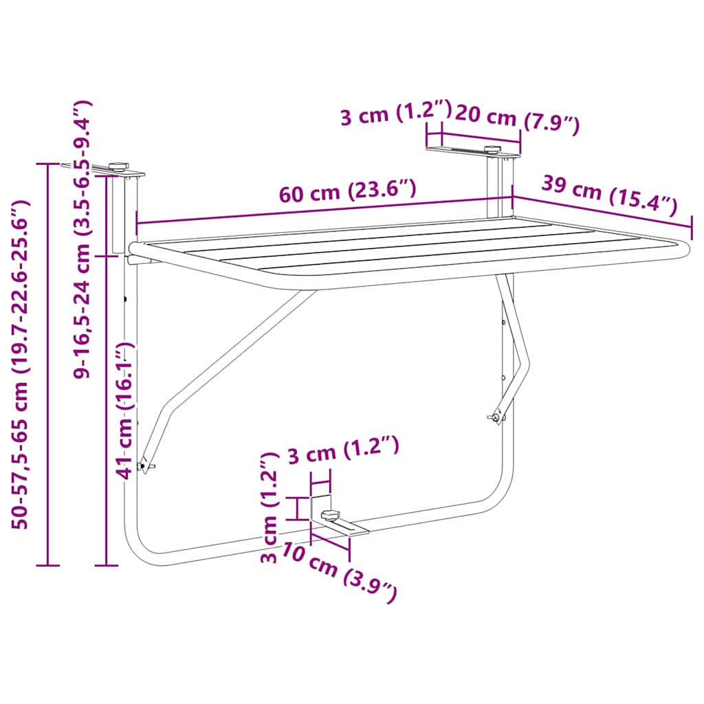Masă Suspendată pentru Balcon Negru 60 x 39 x 65 cm Oțel GartenMobel Dekor