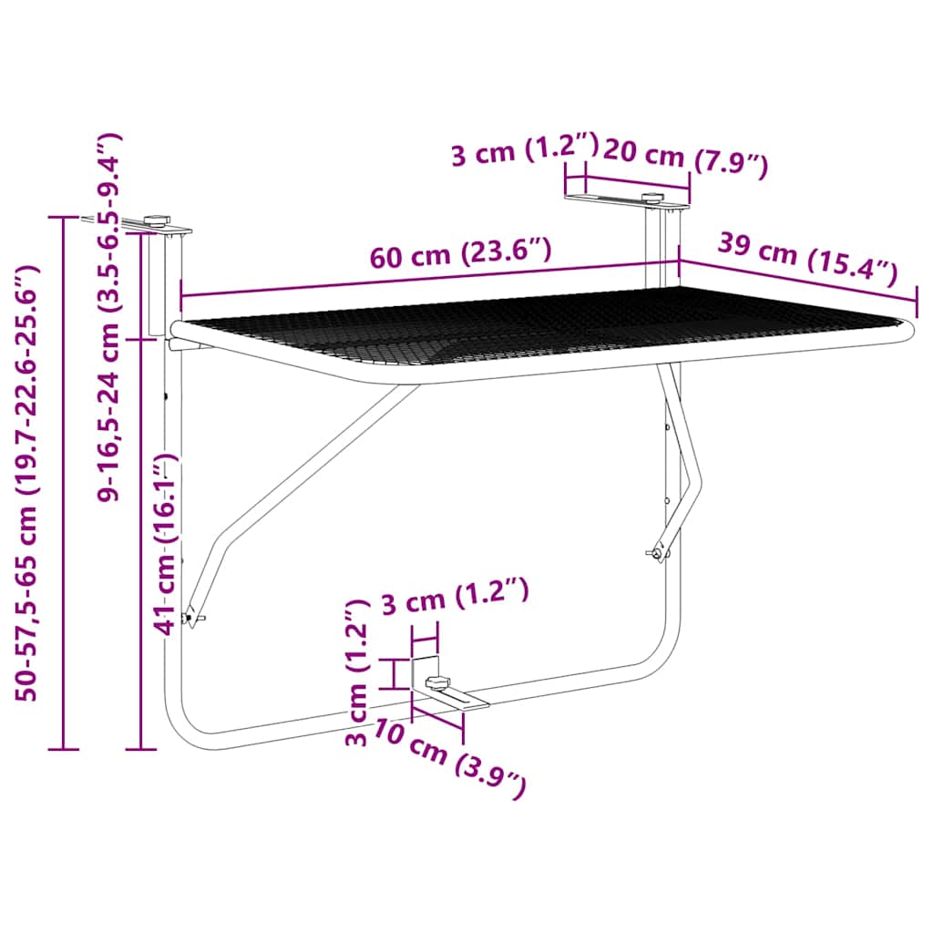 Masă Suspendată pentru Balcon Verde mentă 60 x 39 x 65 cm Oțel GartenMobel Dekor