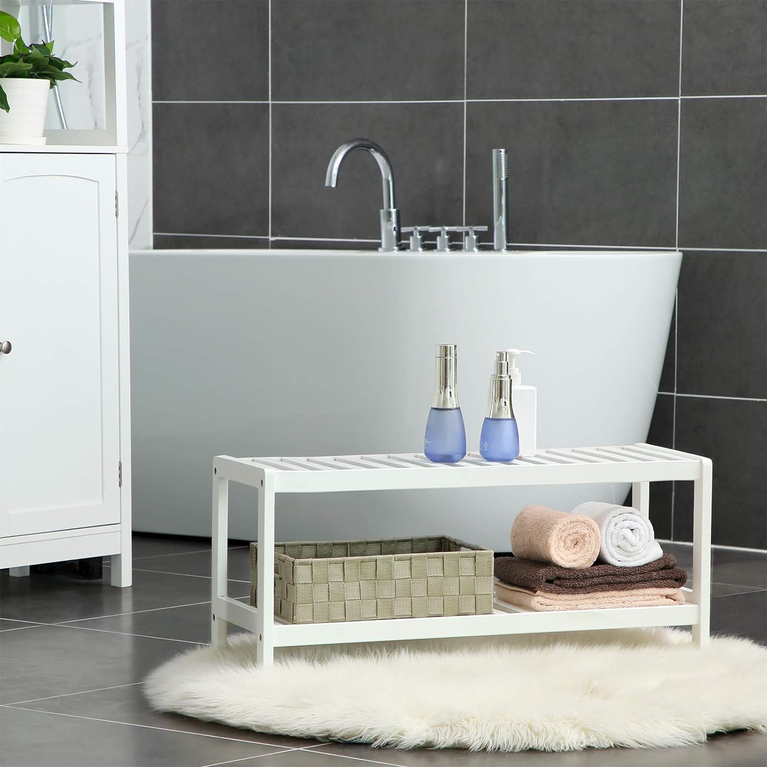 Raft de depozitare din bambus, cu 2 niveluri, 26x70x33cm, alb Household NewTrend