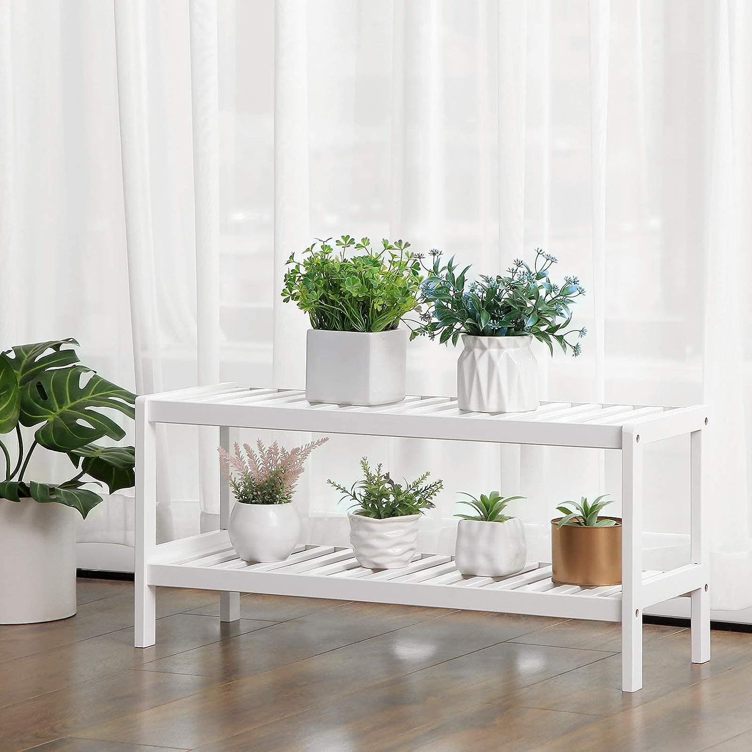 Raft de depozitare din bambus, cu 2 niveluri, 26x70x33cm, alb Household NewTrend