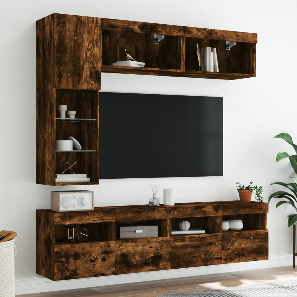 Comode TV de perete cu lumini LED, 7 piese, stejar fumuriu GartenMobel Dekor