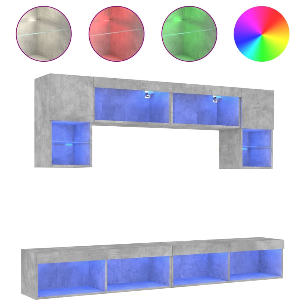 Unități TV de perete cu LED-uri 6 piese gri beton lemn compozit GartenMobel Dekor