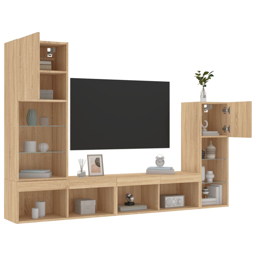 Unități de perete TV cu LED-uri, 4 piese, stejar sonoma, lemn GartenMobel Dekor