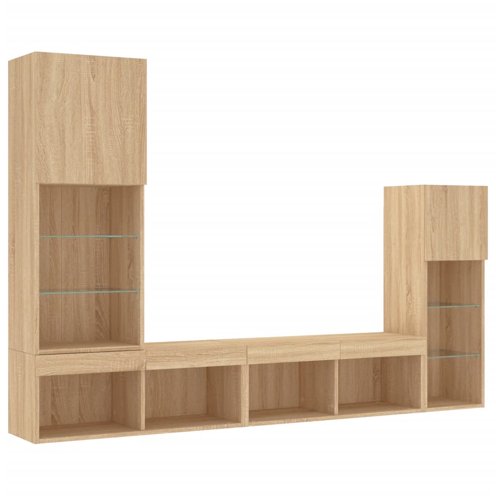 Unități de perete TV cu LED-uri, 4 piese, stejar sonoma, lemn GartenMobel Dekor