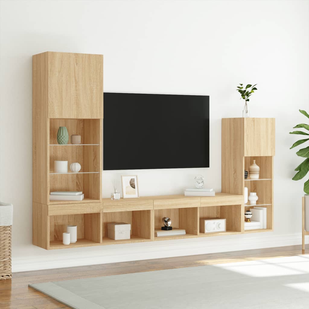Unități de perete TV cu LED-uri, 4 piese, stejar sonoma, lemn GartenMobel Dekor