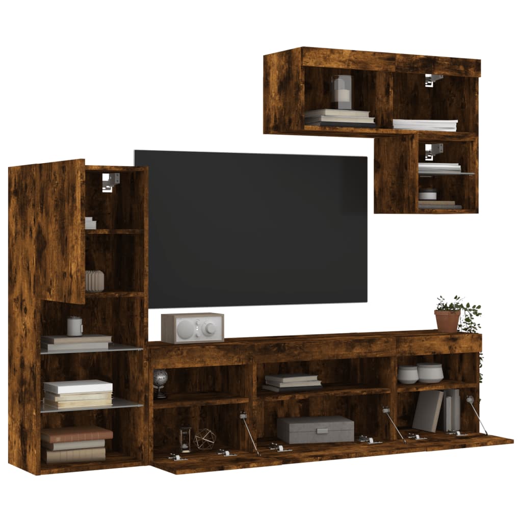 Unități de perete TV cu LED-uri, 6 piese, stejar fumuriu, lemn GartenMobel Dekor