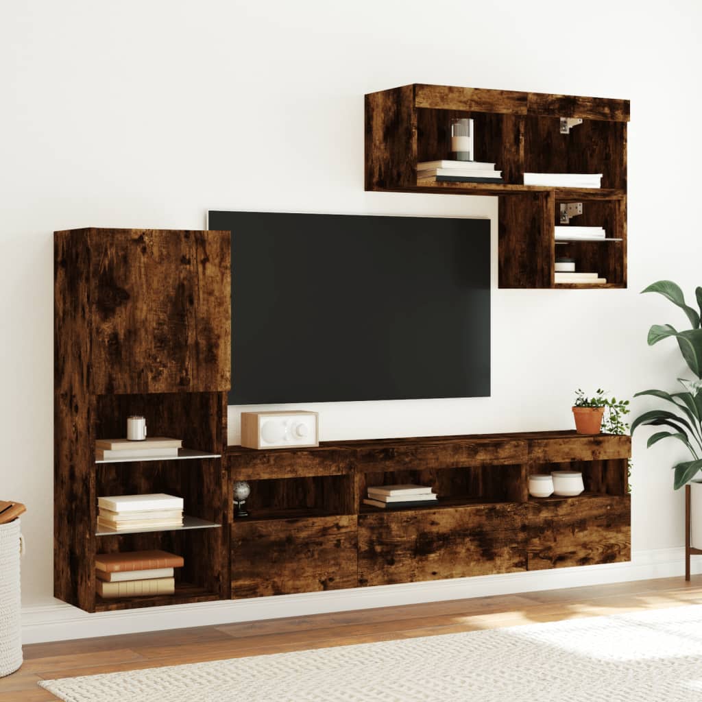 Unități de perete TV cu LED-uri, 6 piese, stejar fumuriu, lemn GartenMobel Dekor