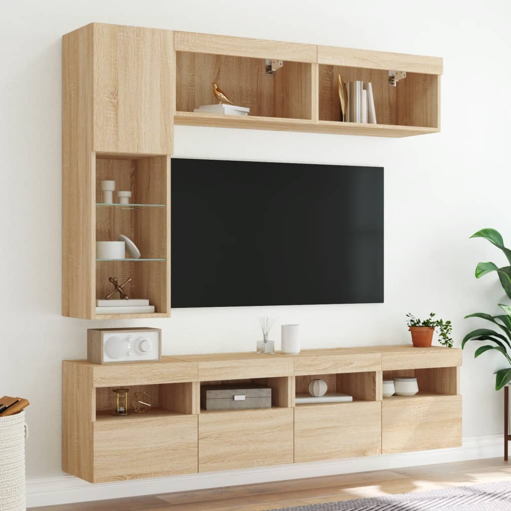 Comode TV de perete cu lumini LED, 7 piese, stejar sonoma GartenMobel Dekor