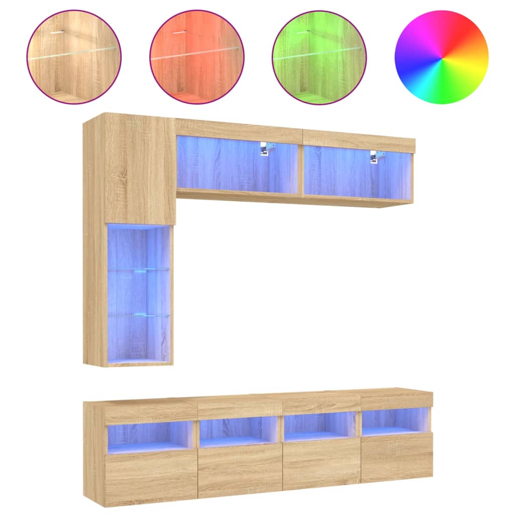Comode TV de perete cu lumini LED, 7 piese, stejar sonoma GartenMobel Dekor