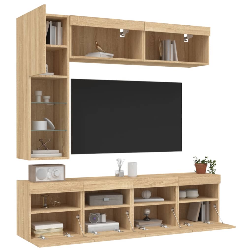 Comode TV de perete cu lumini LED, 7 piese, stejar sonoma GartenMobel Dekor