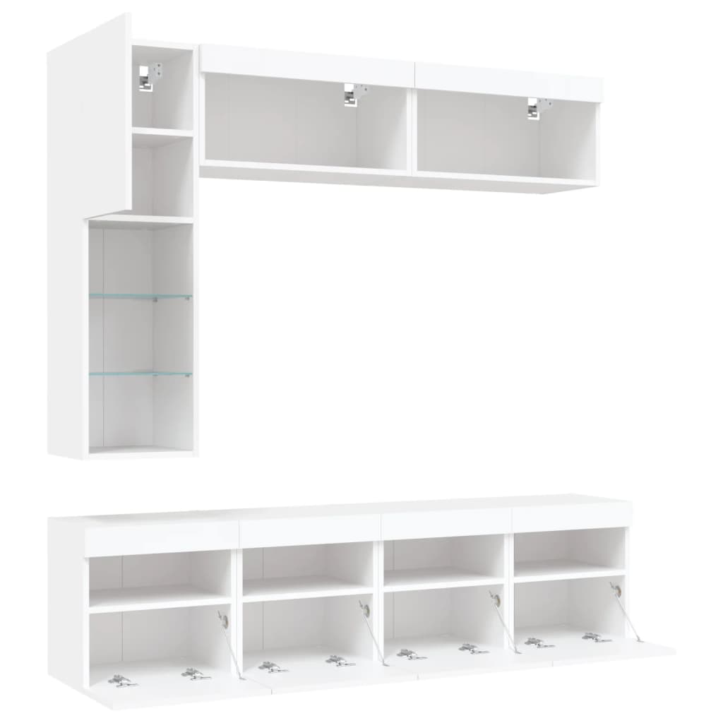 Set comode TV de perete, 7 piese, cu lumini LED, alb GartenMobel Dekor