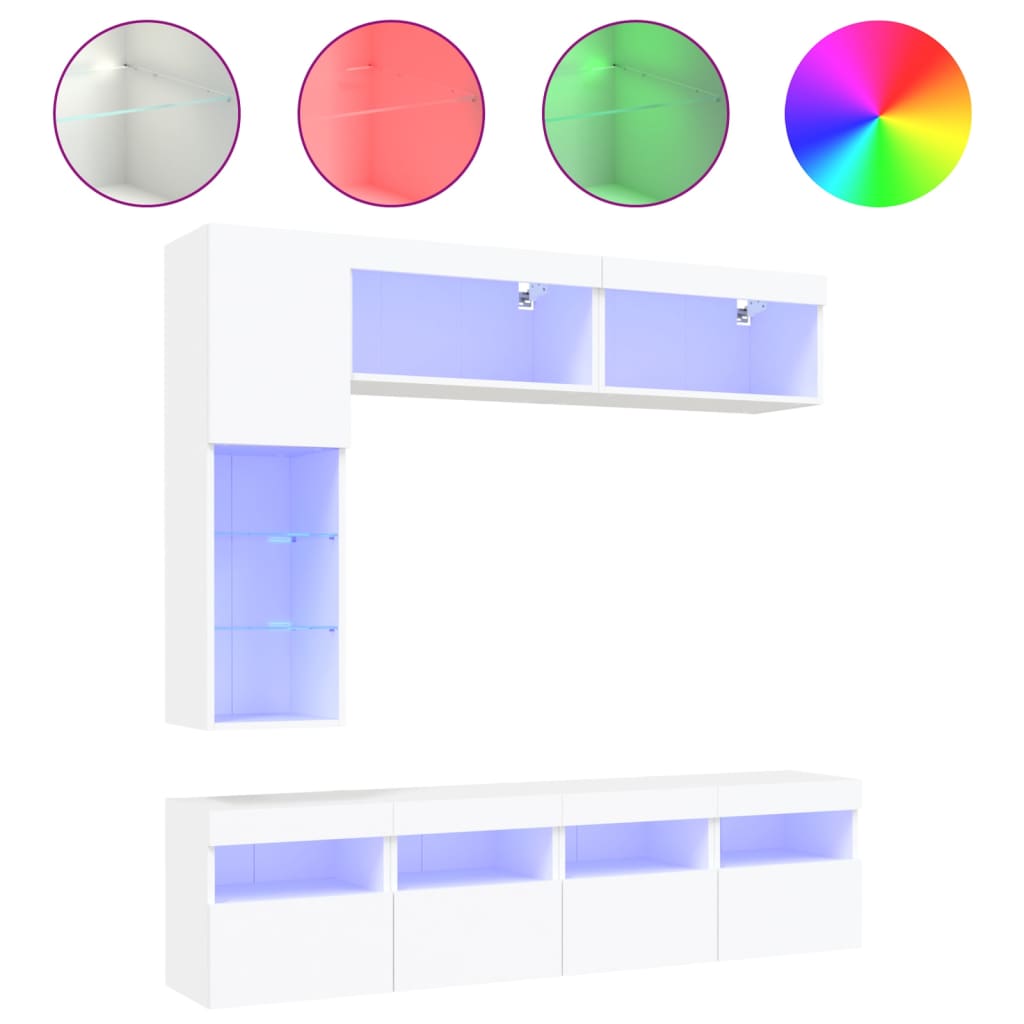Set comode TV de perete, 7 piese, cu lumini LED, alb GartenMobel Dekor