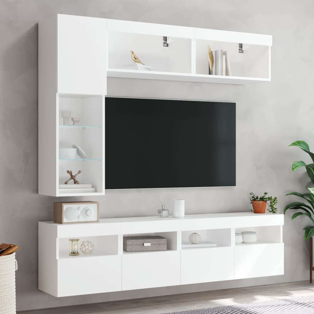 Set comode TV de perete, 7 piese, cu lumini LED, alb GartenMobel Dekor