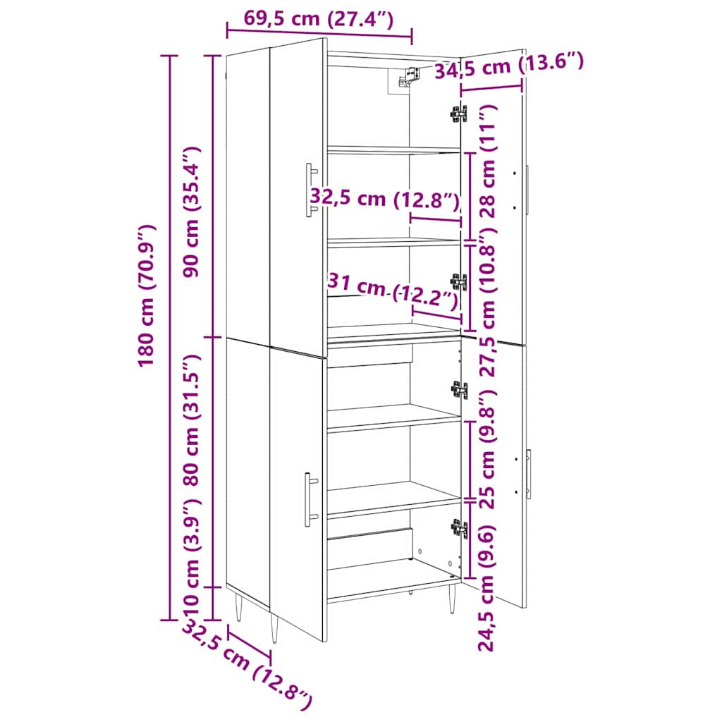 Bufet stejar artizanal 69.5 x 34 x 180 cm Lemn compozit GartenMobel Dekor