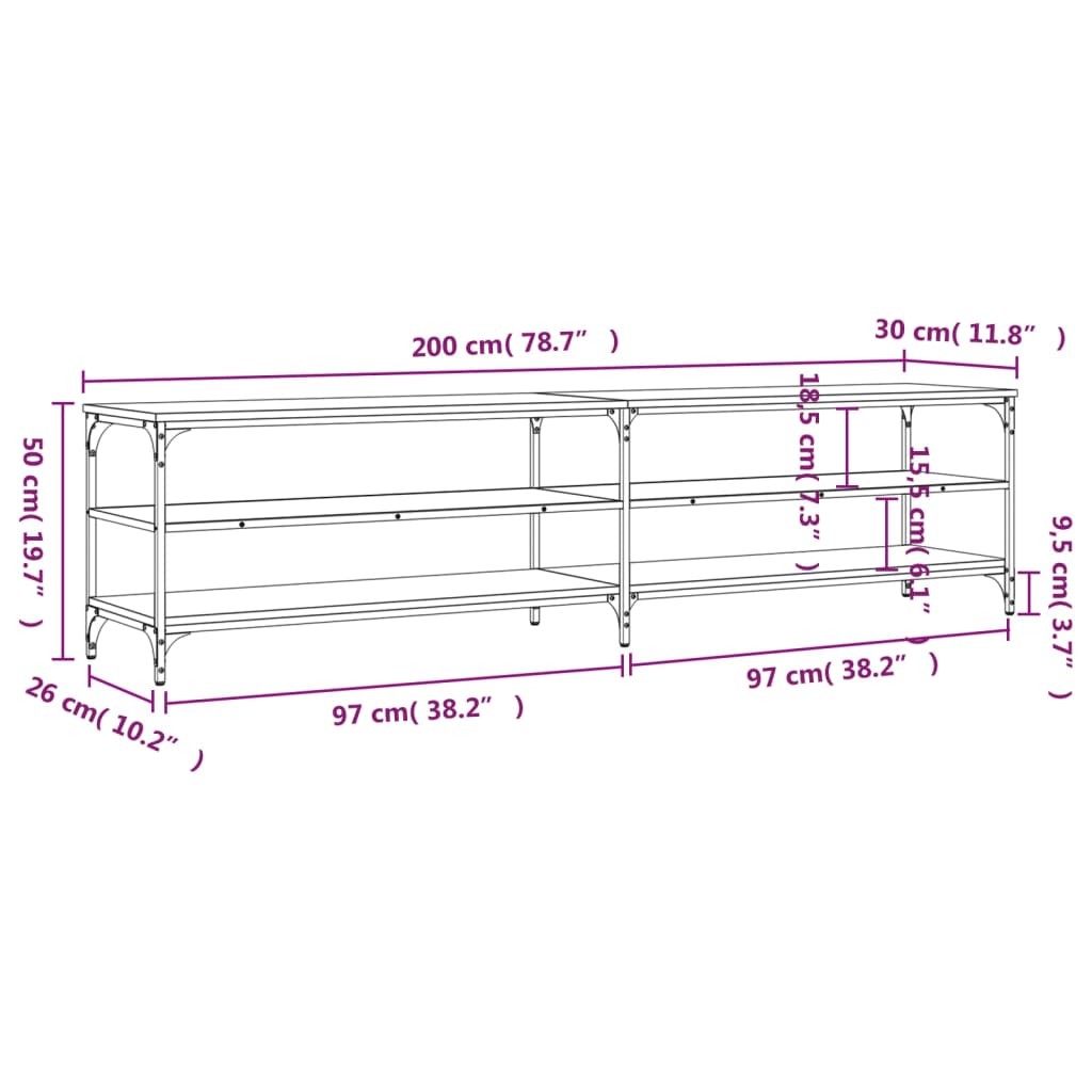 Comodă TV, gri sonoma, 200x30x50 cm, lemn prelucrat și metal GartenMobel Dekor