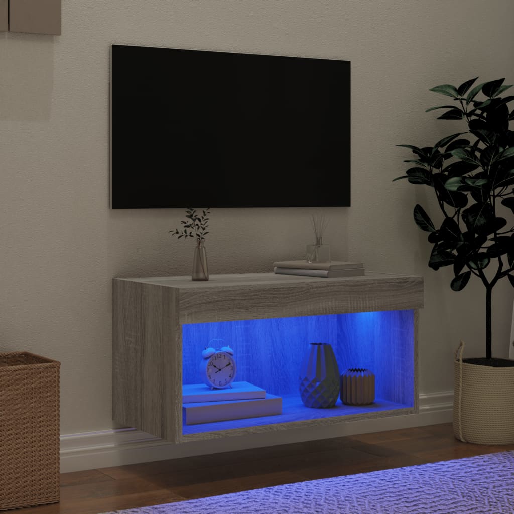 Comodă TV cu lumini LED, gri sonoma, 60x30x30 cm GartenMobel Dekor