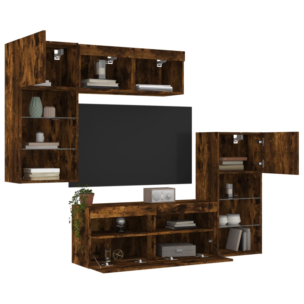 Unități de perete TV cu LED-uri, 5 piese, stejar fumuriu, lemn GartenMobel Dekor