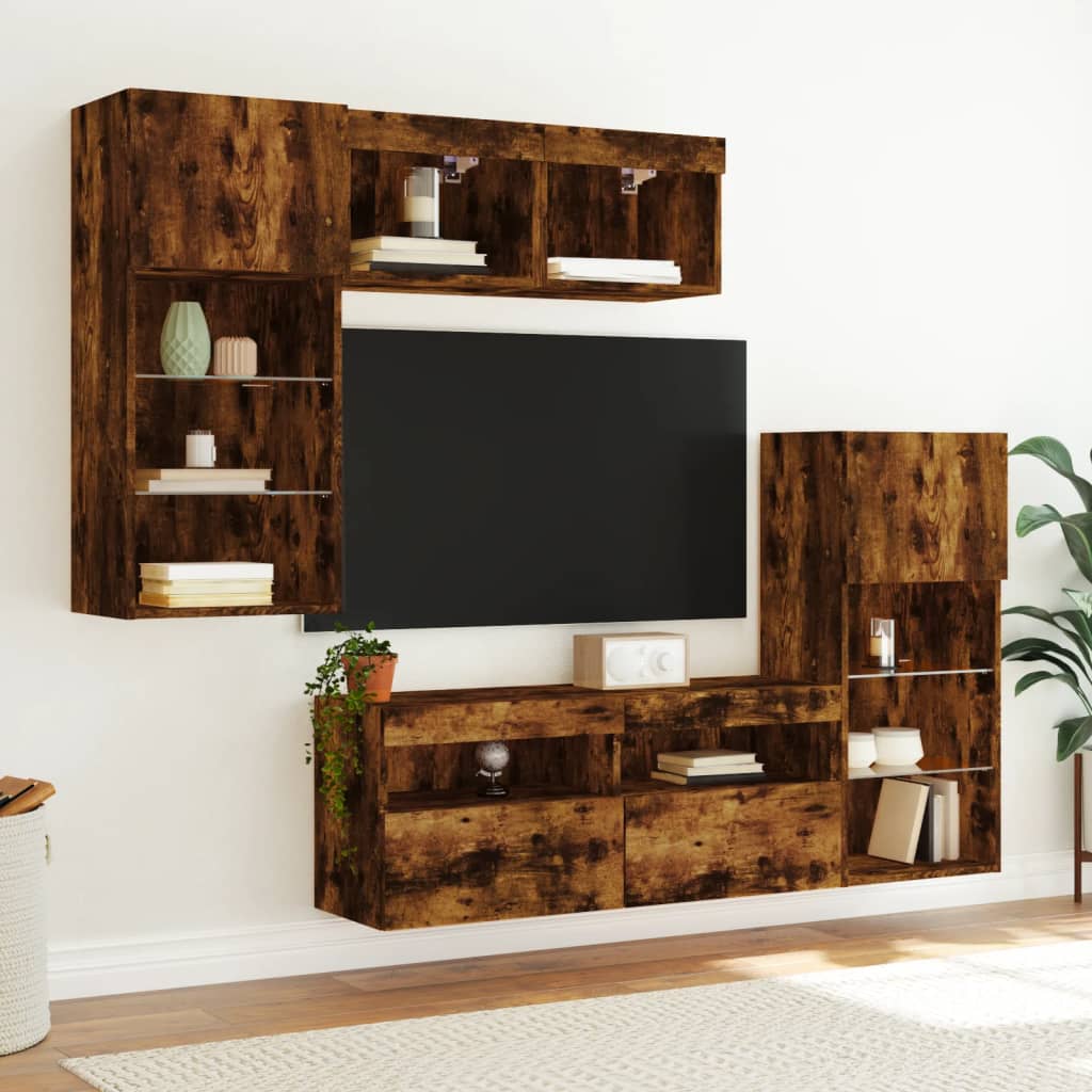 Unități de perete TV cu LED-uri, 5 piese, stejar fumuriu, lemn GartenMobel Dekor