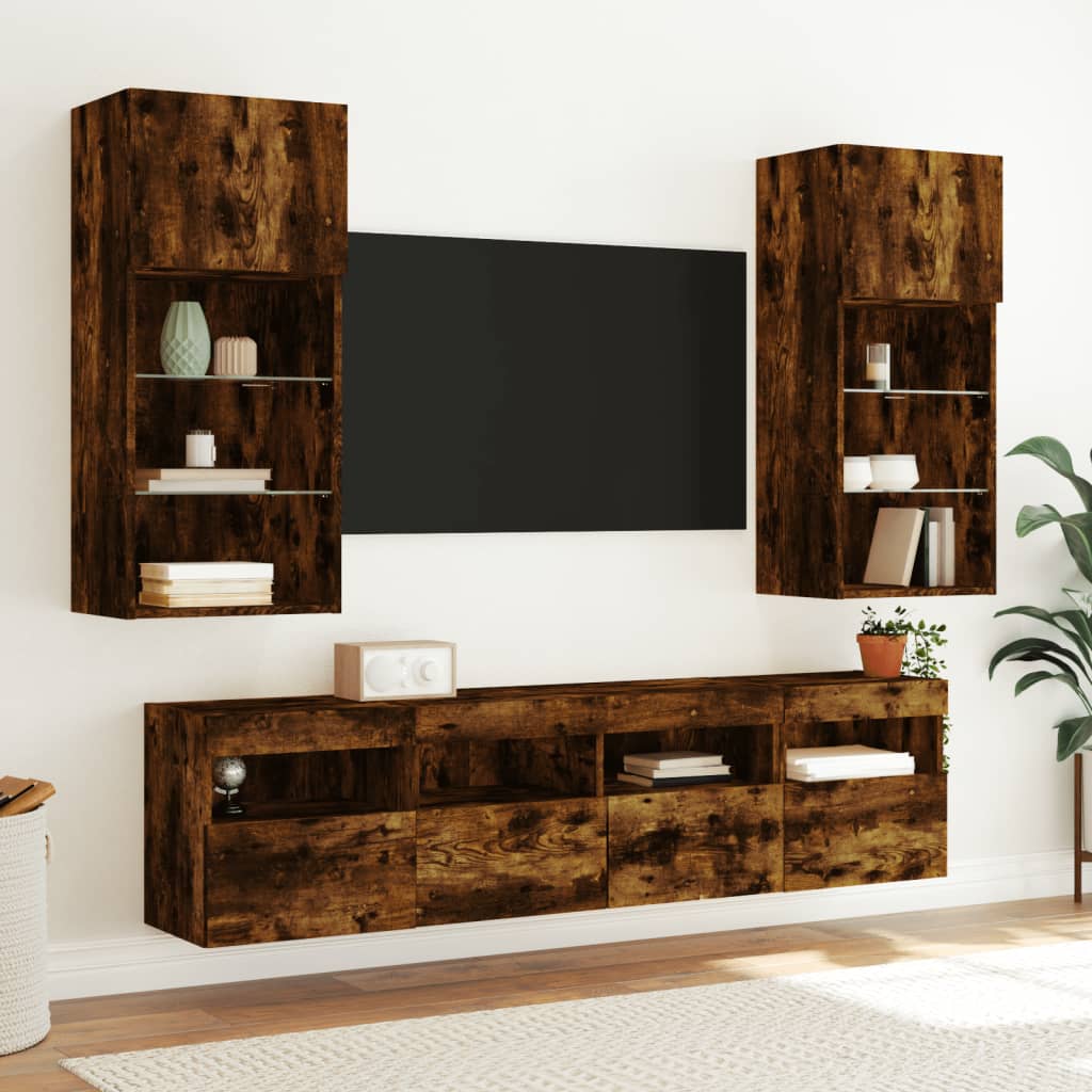 Unități de perete TV cu LED-uri, 5 piese, stejar fumuriu, lemn GartenMobel Dekor