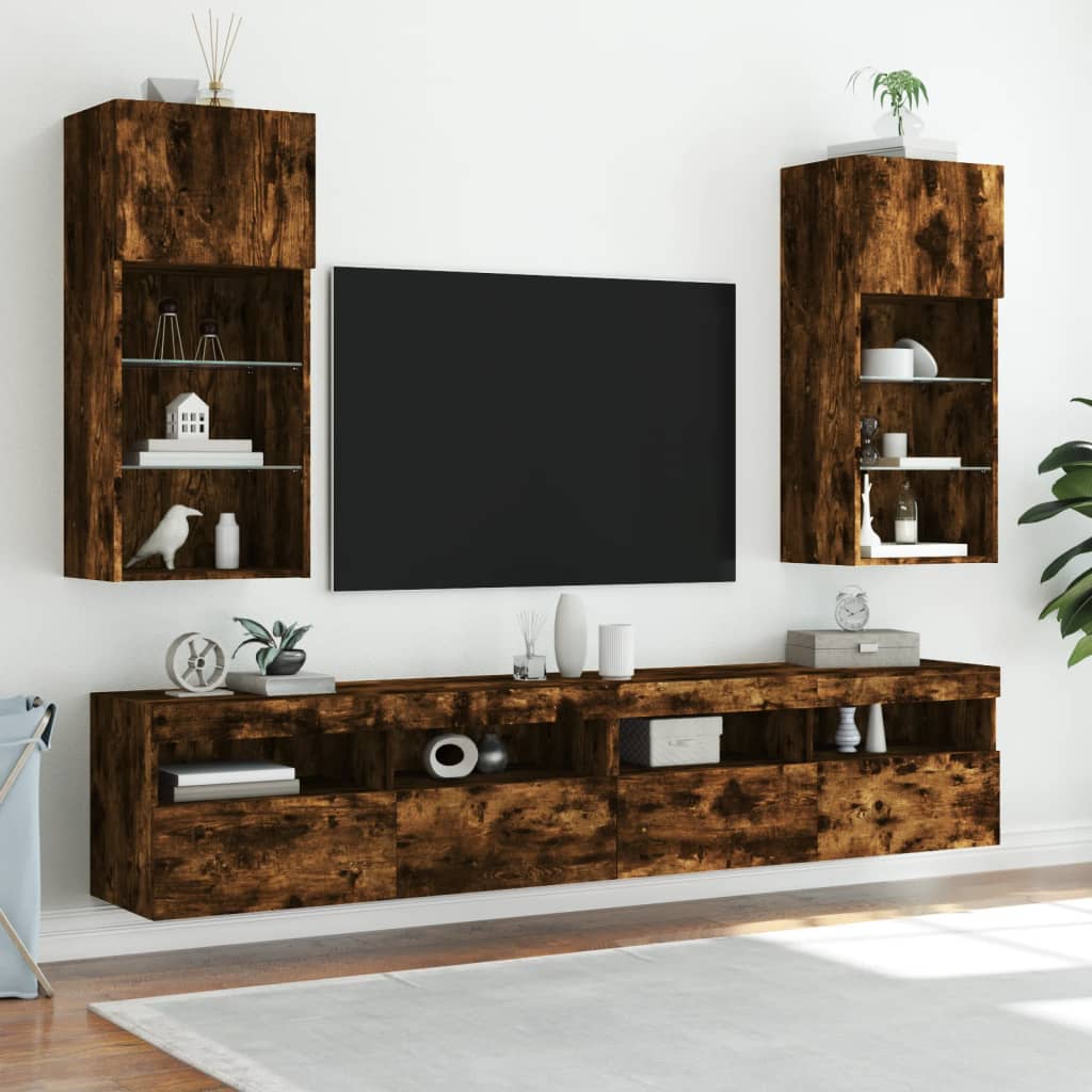 Comode TV cu lumini LED, stejar fumuriu, 40,5x30x90 cm GartenMobel Dekor
