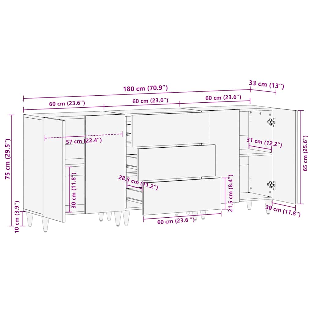 Set de bufet 3 pcs Maro 180 x 33 x 75 cm Lemn masiv de mango GartenMobel Dekor