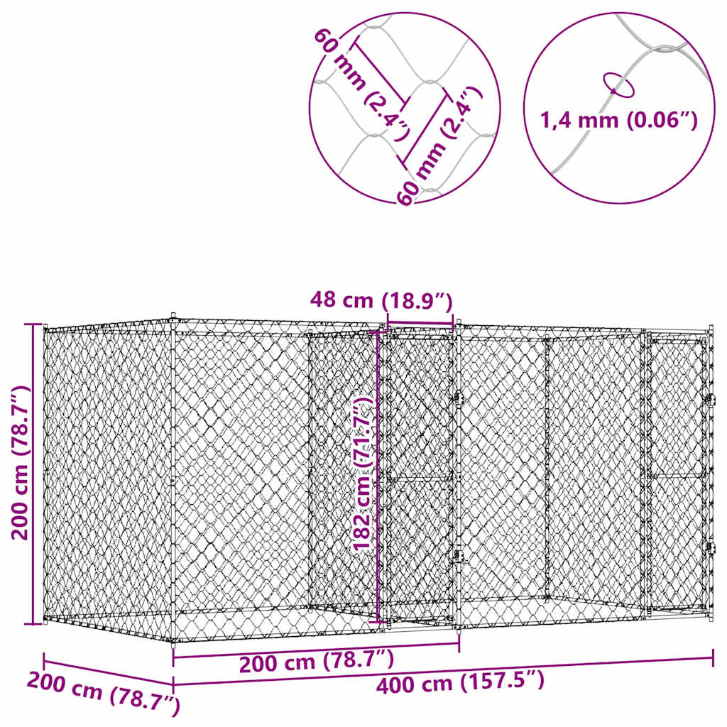 Cușcă pentru câine Argintiu 400 x 200 x 200 cm Oțel Galvanizat GartenMobel Dekor