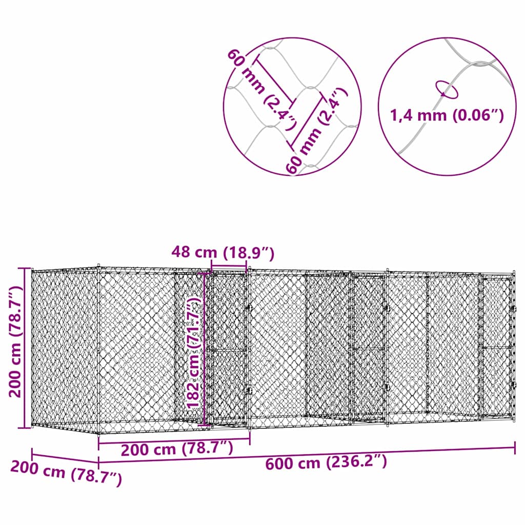 Cușcă pentru câine Argintiu 600 x 200 x 200 cm Oțel Galvanizat GartenMobel Dekor