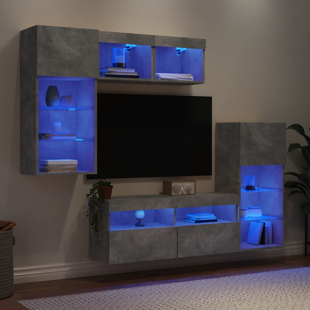 Unități TV de perete cu LED-uri 5 piese gri beton lemn compozit GartenMobel Dekor