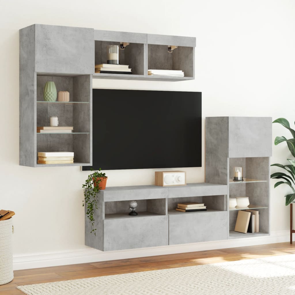 Unități TV de perete cu LED-uri 5 piese gri beton lemn compozit GartenMobel Dekor