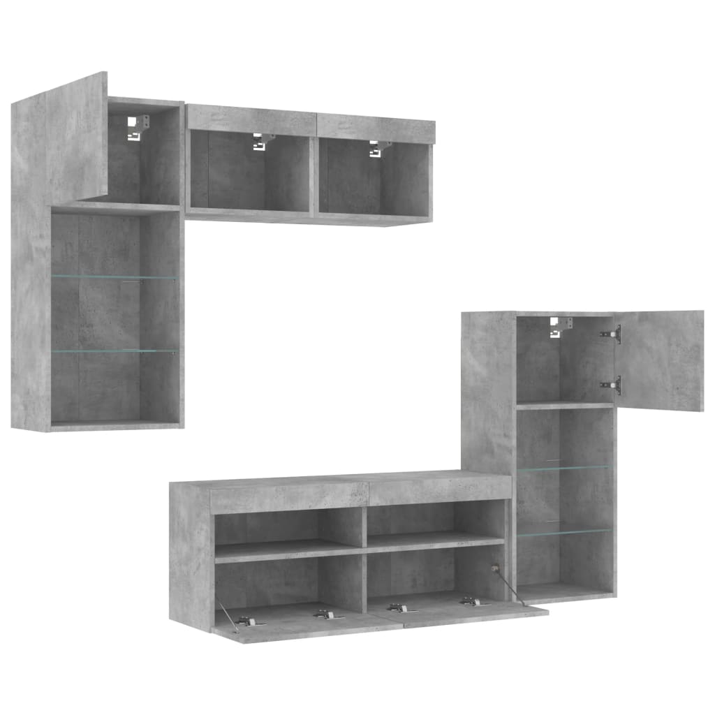 Unități TV de perete cu LED-uri 5 piese gri beton lemn compozit GartenMobel Dekor