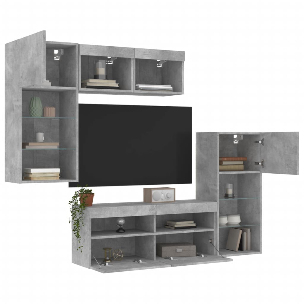 Unități TV de perete cu LED-uri 5 piese gri beton lemn compozit GartenMobel Dekor