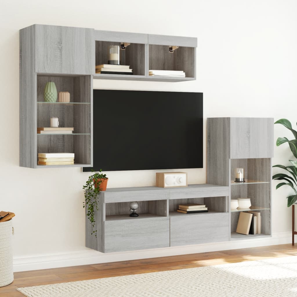 Unități de perete TV cu LED-uri, 5 piese, gri sonoma, lemn GartenMobel Dekor