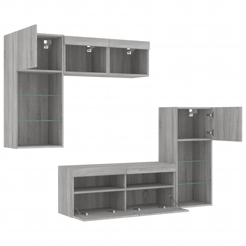 Unități de perete TV cu LED-uri, 5 piese, gri sonoma, lemn GartenMobel Dekor
