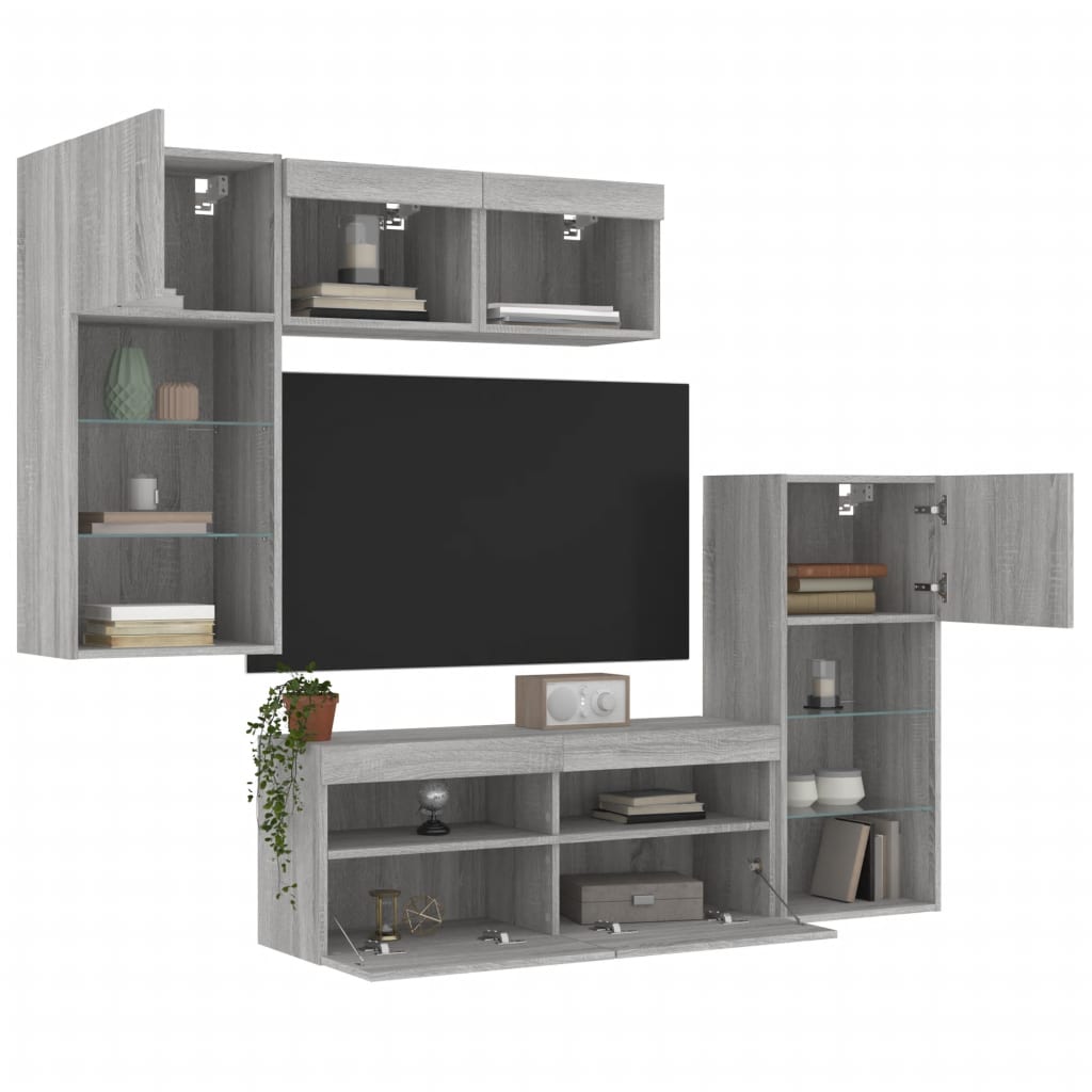 Unități de perete TV cu LED-uri, 5 piese, gri sonoma, lemn GartenMobel Dekor